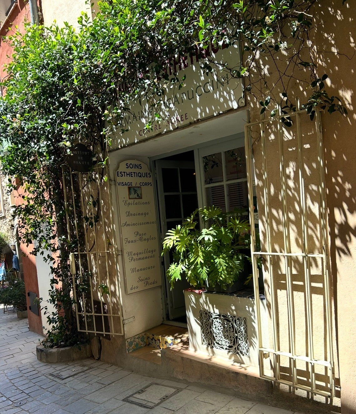 A sunlit street-facing storefront with a cream-colored facade, iron security gates, potted green plants, and leafy vines casting shadows across the entrance and wall. A sign is visible above the door, but the text is not clearly legible.